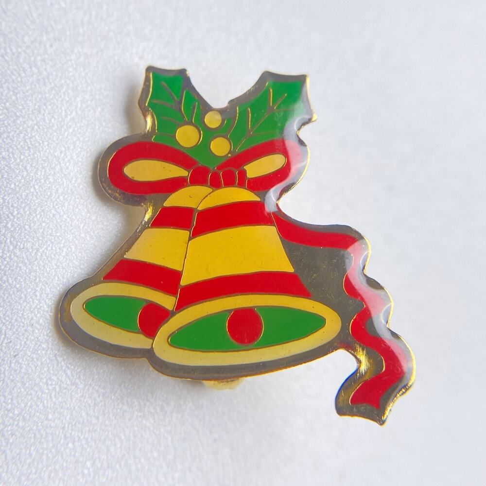 Christmas Bells Brooch Gold Tone Enamel Holiday Pin Festive Holly